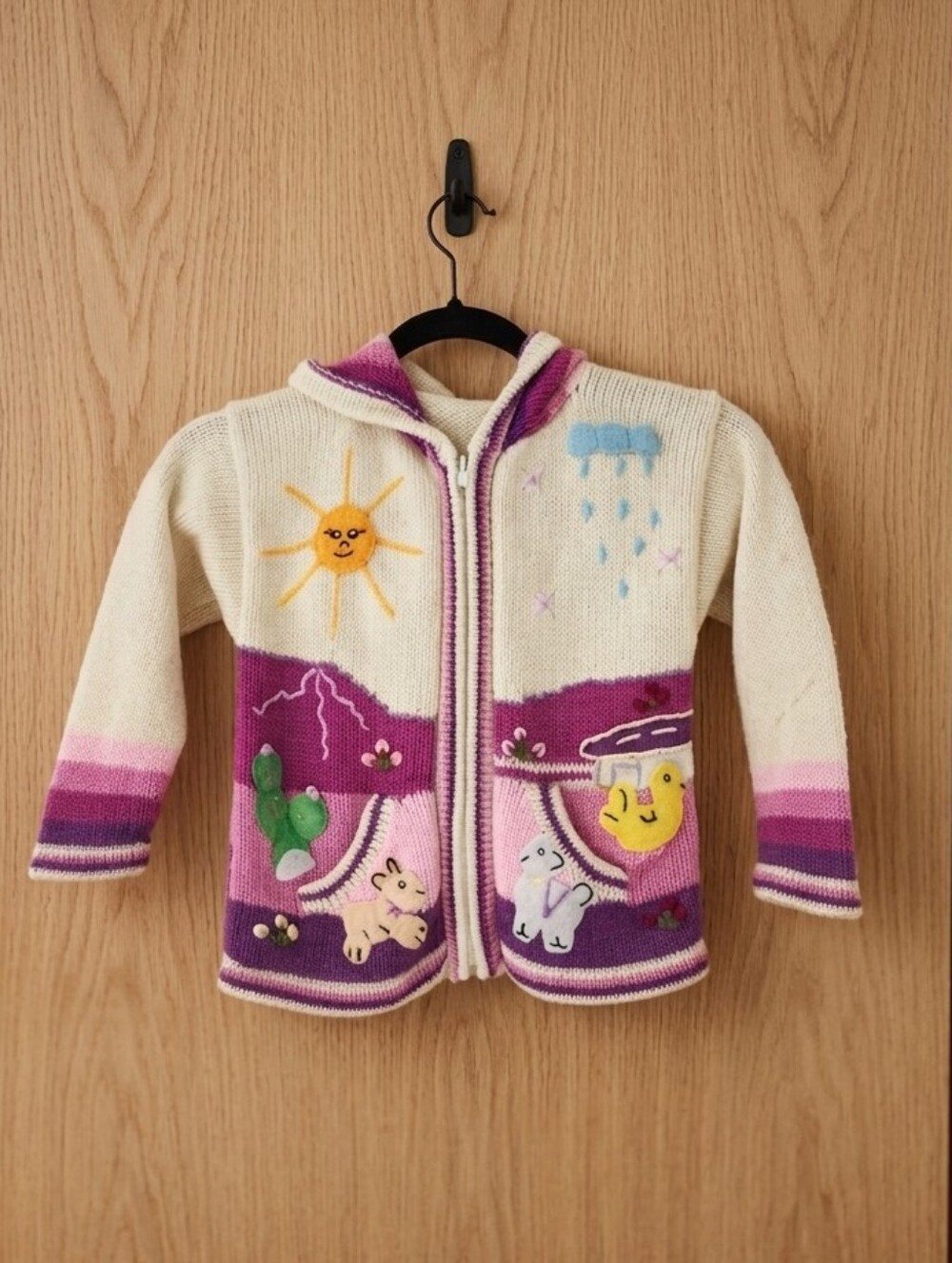 Handmade Peruvian Hooded Cardigan - Kids' Embroidered Animal Scene 5/6